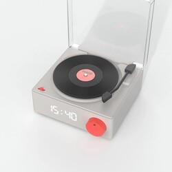 Vinyl Retro, bluetooth högtalare med väckarklocka - Grå