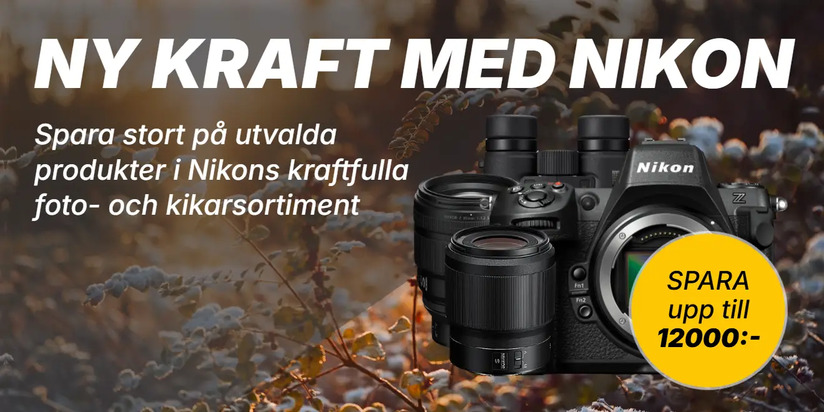 NY KRAFT MED NIKON. Spara stort på utvalda produkter i Nikons kraftfulla foto- och kikarsortiment. SPARA upp till 12000:-. Bilden visar Monarch M5 10x42 #3, Nikkor Z 85mm f/1,2 S (fullformat) #1, Z8 kamerahus + Nikkor Z 24-120mm f/4 S #3 och Nikkor Z 50mm f/1,8 S (fullformat).