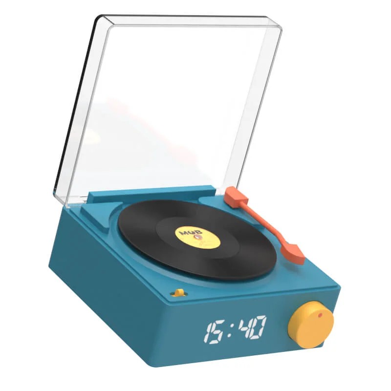Vinyl Retro, bluetooth högtalare med väckarklocka - Blå