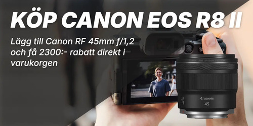 Köp Canon EOS R8 II. Lägg till Canon RF 45mm f/1,2 och få 2300:- rabatt direkt i varukorgen. Bilden visar RF 45mm f/1,2 STM (fullformat) #1.