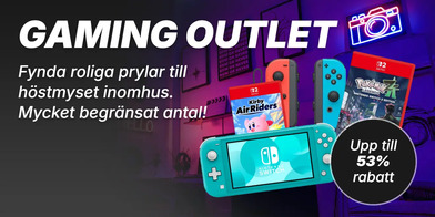 GAMING OUTLET. Fynda roliga prylar till höstmyset inomhus. Mycket begränsat antal! Upp till 53% rabatt. Bilden visar Switch Joy-Cons - Blå & Röd #1, Kirby Air Riders, Pokémon Legends: Z-A - Nintendo Switch 2 Edition #1 och Switch Lite - Turkos #2.